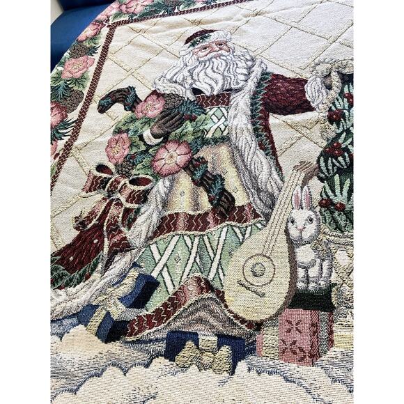 VTG Fitz And Floyd Santa Throw Woven Cotton Fringed Reverse Weave 67” x 52” - Picture 6 of 16